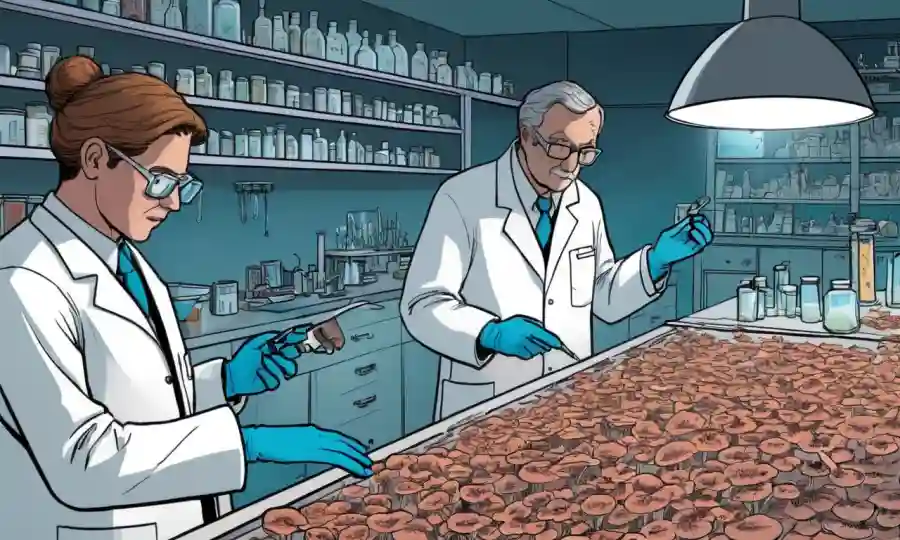 Científicos que examinan muestras fúngicas en un entorno de laboratorio, destacando la importancia de las herramientas de investigación micológica.