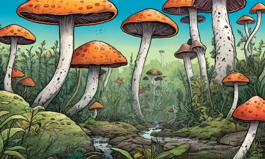 ilustraciones coloridas o diagramas de interacciones fúngicas en los ecosistemas.