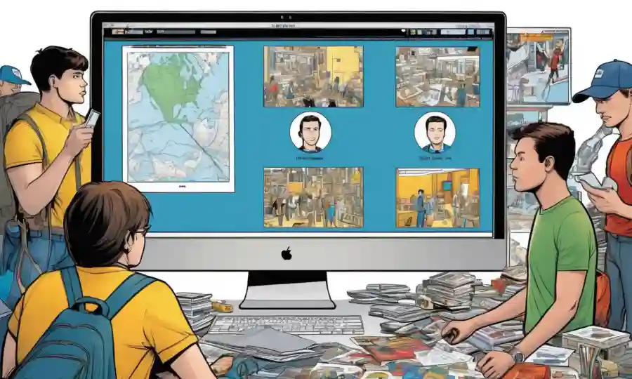 Varias herramientas de identificación online mostradas en una pantalla, rodeadas de objetos y personas identificadas.