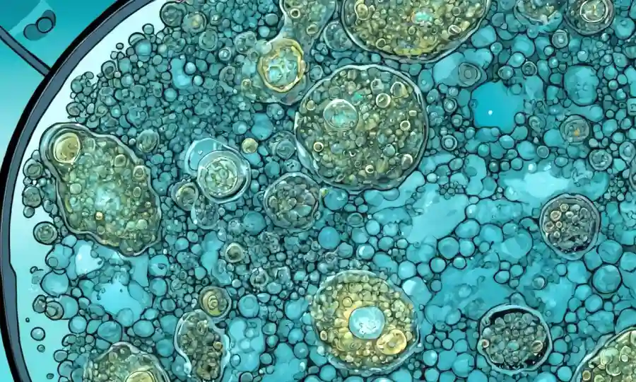 Un microscopio de cerca revela el pequeño mundo de microorganismos y células en una diapositiva de vidrio.
