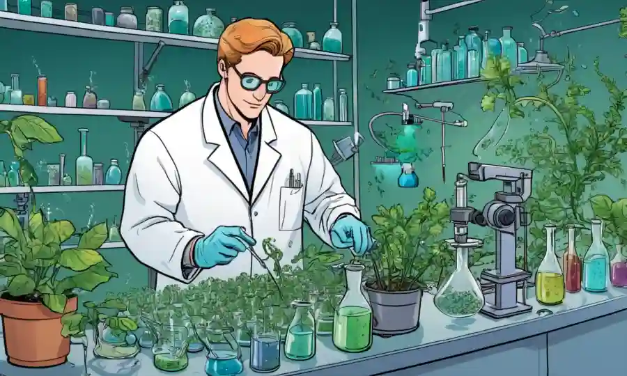 Científico usando equipo de laboratorio para analizar muestras de microbioma de plantas.