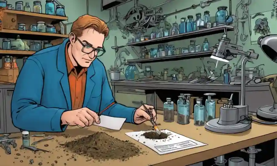 Un investigador que examina muestras de suelo en un laboratorio, rodeado de hongos y equipos agrícolas.