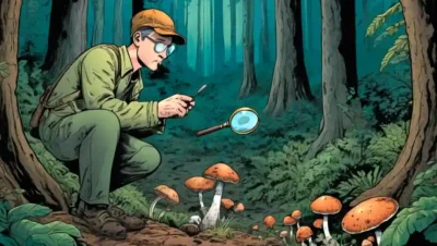 Una persona que tiene una lupa de vidrio examinando hongos en un bosque o en un laboratorio.