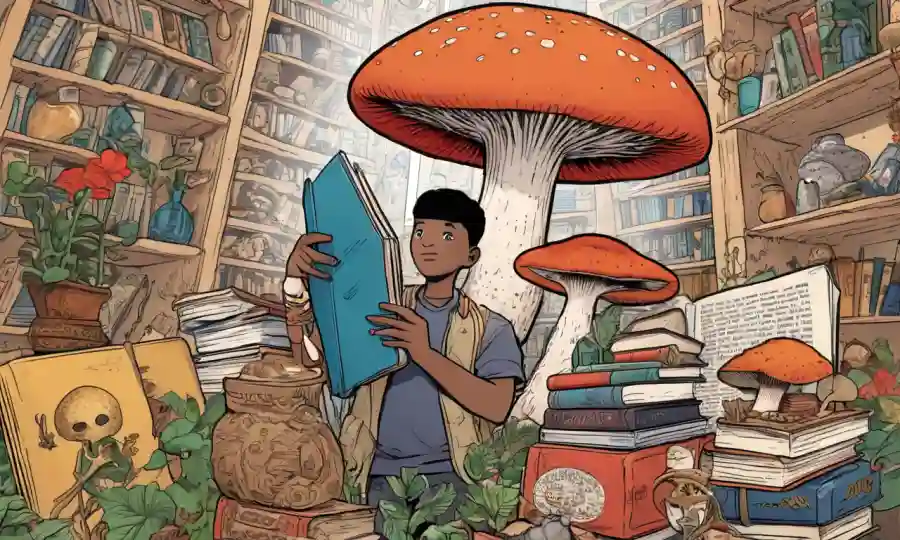 Persona conteniendo un espécimen de hongos rodeado de diversos artefactos y libros culturales.