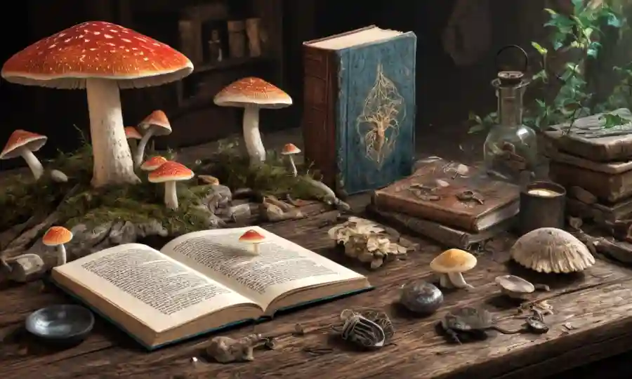 Especímenes de hongos y artefactos antiguos que rodean un libro sobre una mesa de madera.