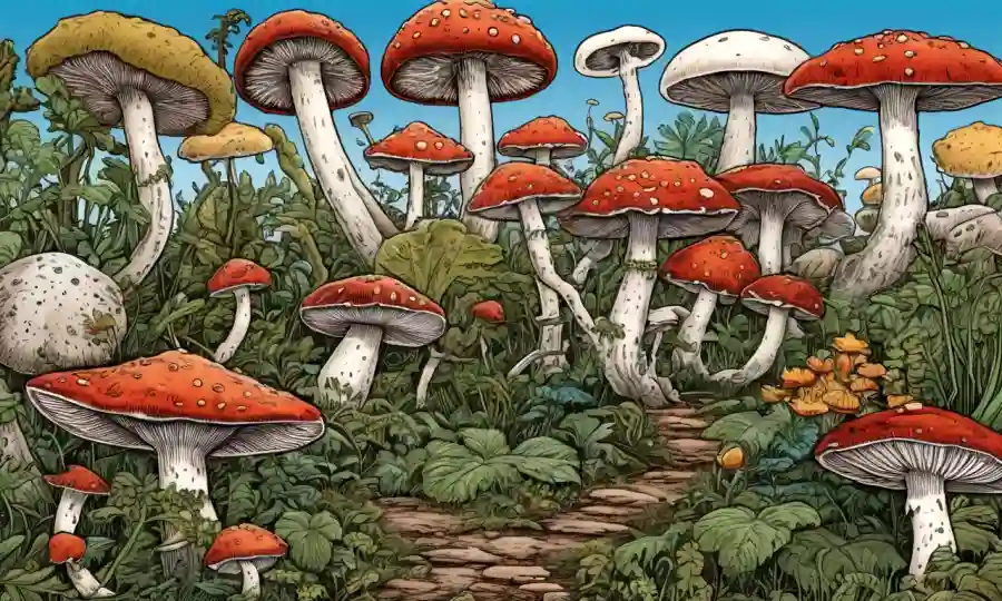 Ilustraciones de varias especies de hongos rodeados de elementos culturales tradicionales de todo el mundo.