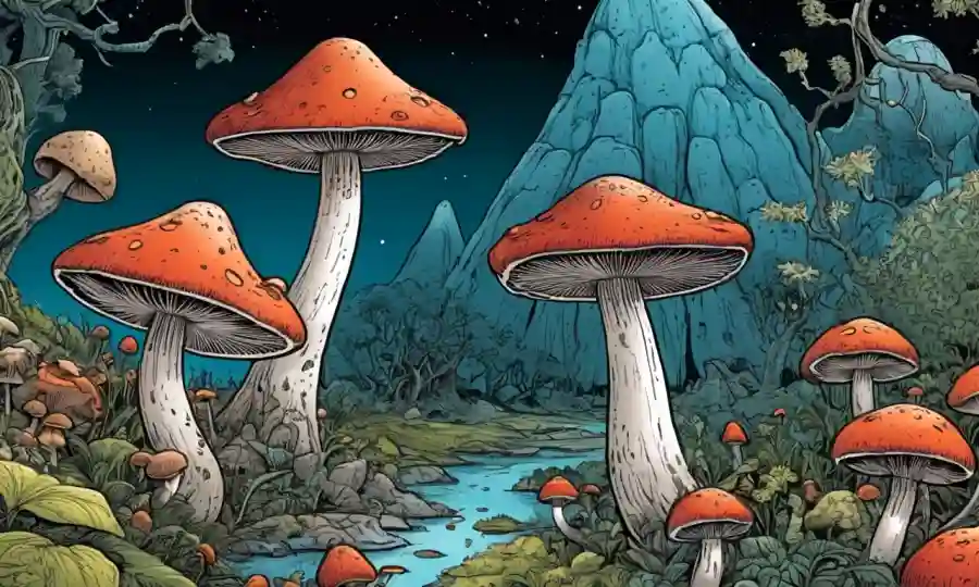 Cultivos antiguos representados a través de ilustraciones de hongos con significado místico y simbólico.