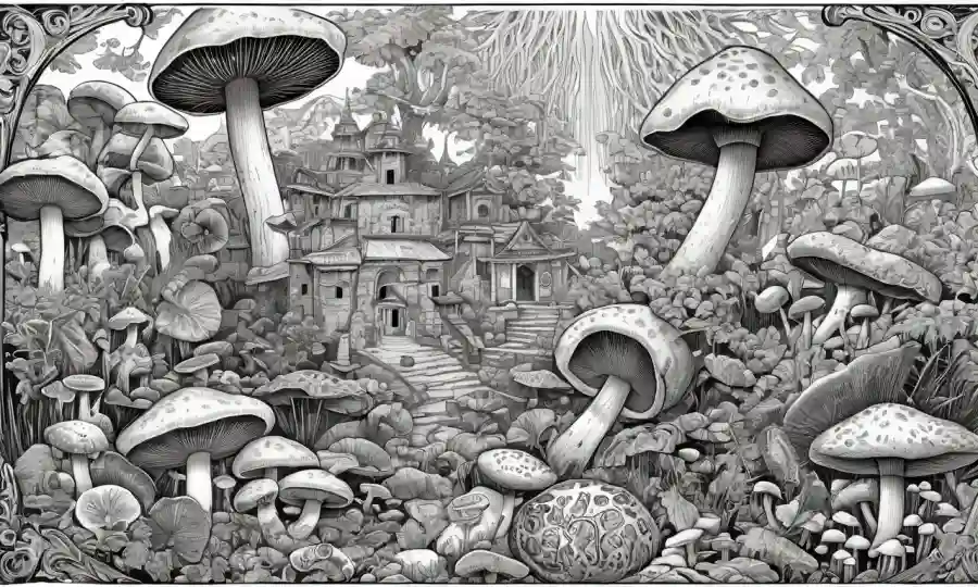 Antiguas ilustraciones medicinales con hongos rodeados de artefactos culturales de diferentes épocas.