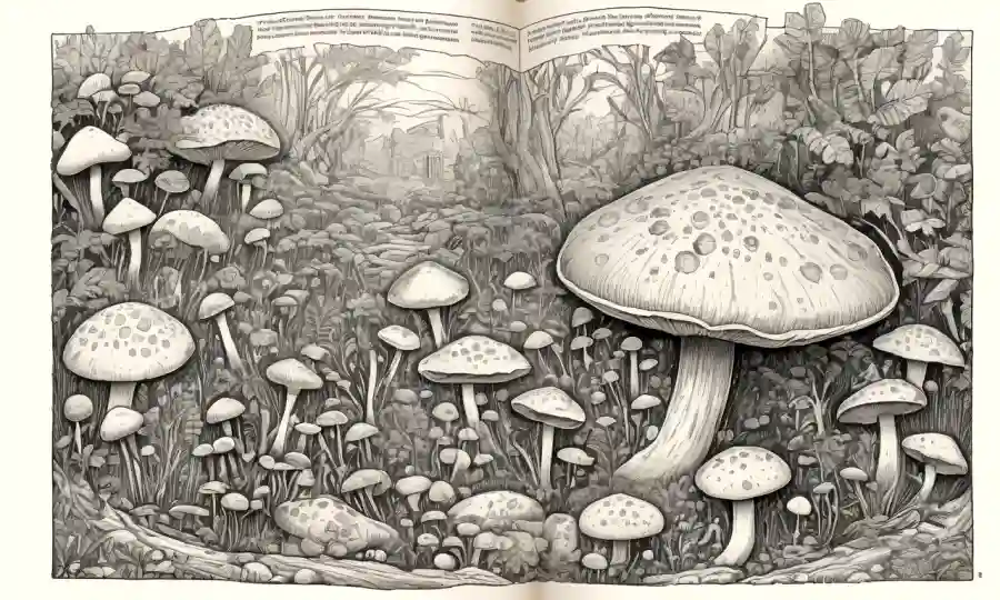 Antiguas ilustraciones de hongos en un libro ilustrado con notas arqueológicas.