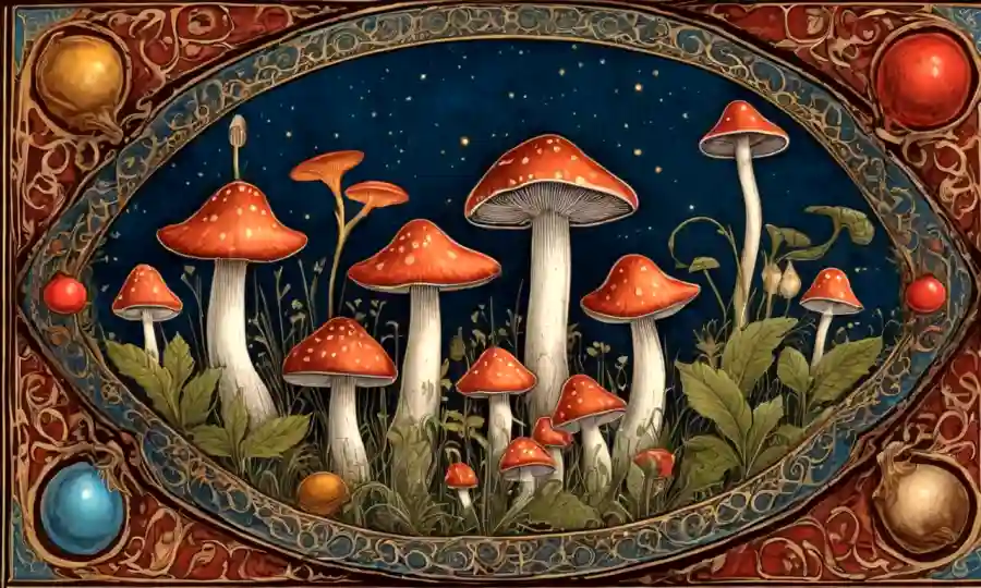 Antiguas ilustraciones de hongos en letras iluminadas entre manuscritos medievales.