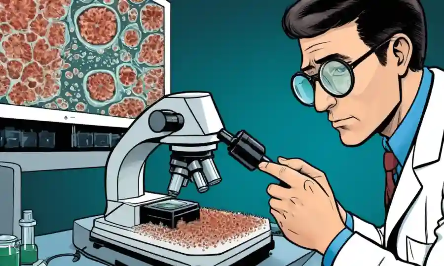 Un científico que examina muestras microscópicas de hongos bajo un microscopio.