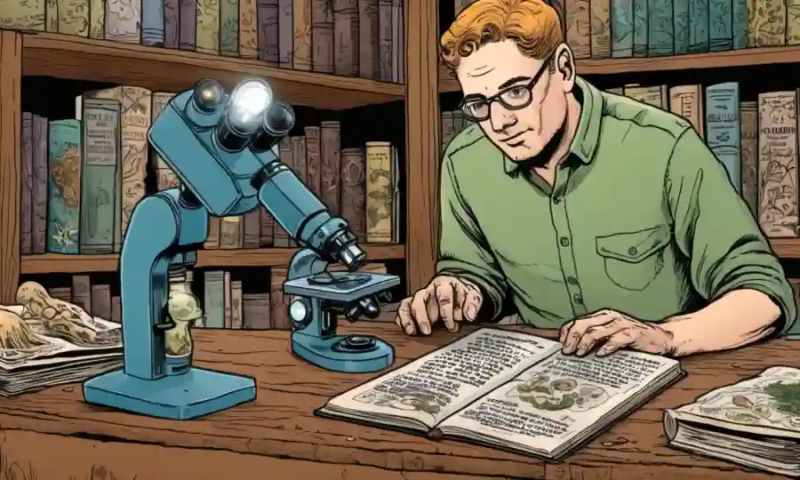 Una persona que estudia hongos bajo microscopio con libros de contexto históricos cercanos.