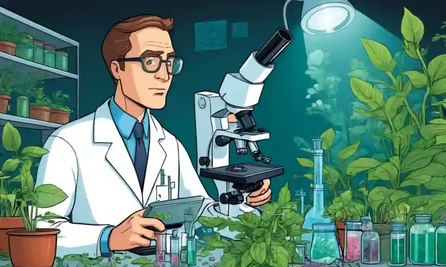 Científico que estudia endofitas vegetales en un laboratorio con microscopio y muestras de plantas.