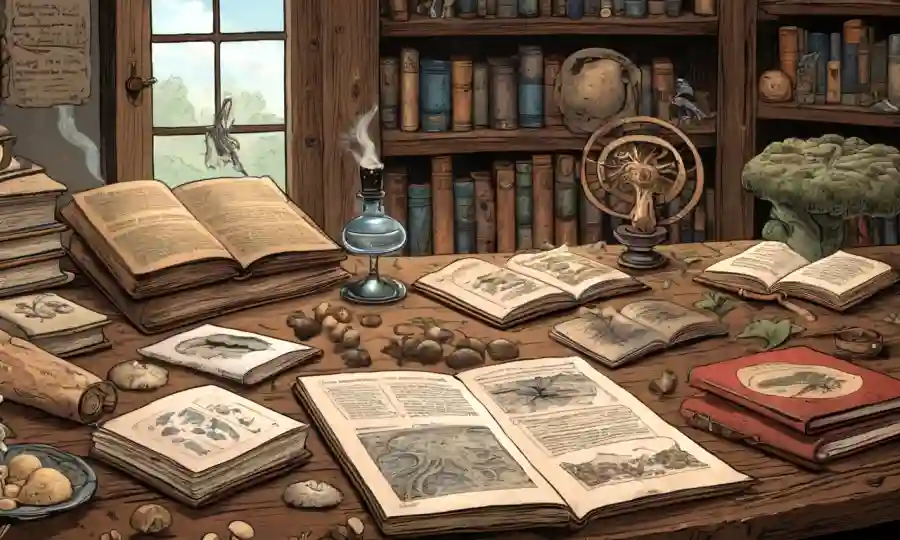 ilustraciones de hongos, muestras de laboratorio y textos históricos esparcidos en una mesa de madera, rodeado de libros antiguos.