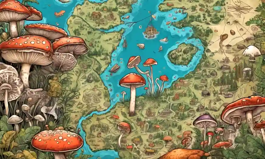 Setas de diferentes formas y especies que crecen alrededor de un mapa antiguo.