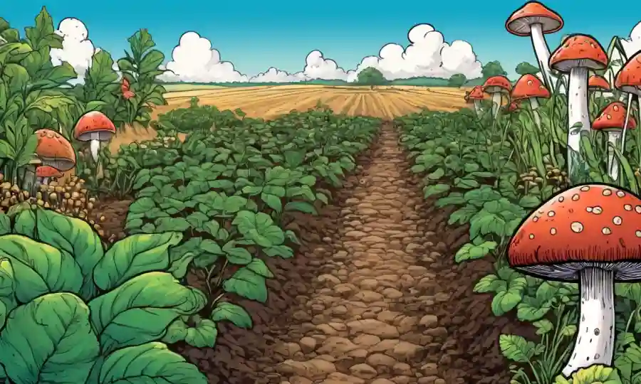 Campo agrícola con diversos cultivos rodeados de crecimiento de hongos en varias etapas.