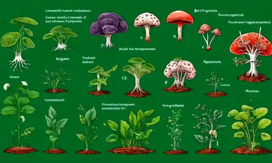 Diagramas científicos que explican patógenos vegetales fungosos y métodos de control en un fondo verde.