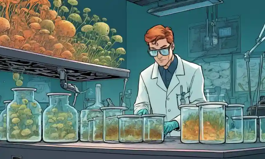 Científico examinando diversas culturas fúngicas en un ambiente de laboratorio.