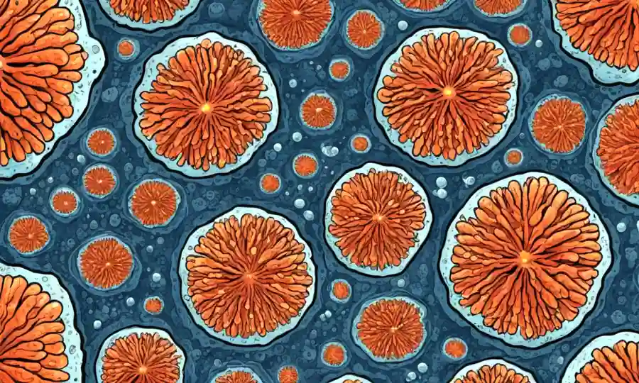 Una vista microscópica de células de infectación de hongos.