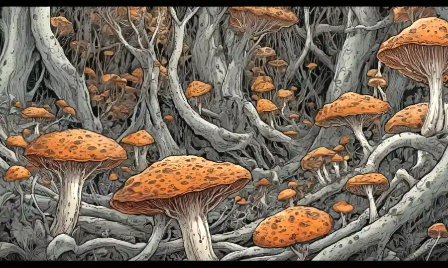 Una visión microscópica del crecimiento fúngico sobre la materia orgánica descompuesta.