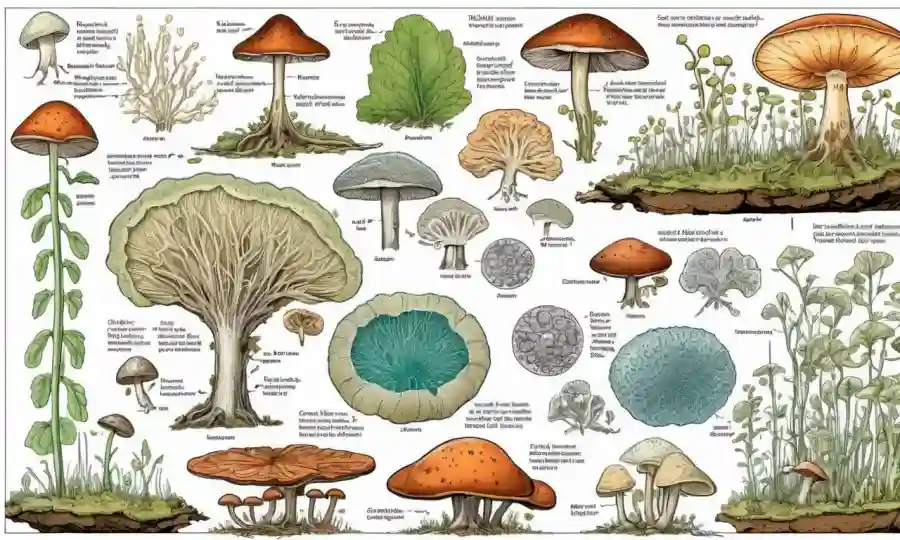 Imagen del microscopio mostrando crecimiento de hongos en organismos vivos, con diagramas y gráficos.