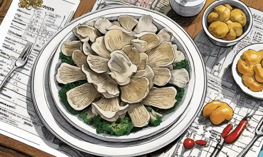 Setas Oyster en un plato con varios platos y gráficos que muestran beneficios de salud y hechos nutricionales.