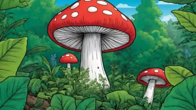 Un hongo crece en medio de vegetación junto a gráficos relacionados con la salud.