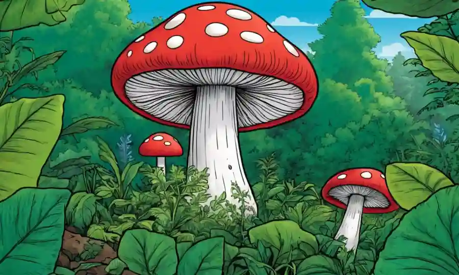 Un hongo crece en medio de vegetación junto a gráficos relacionados con la salud.