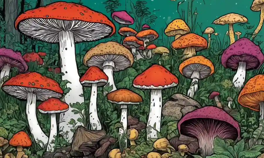 El texto del título se superpone a una ilustración de varios hongos.