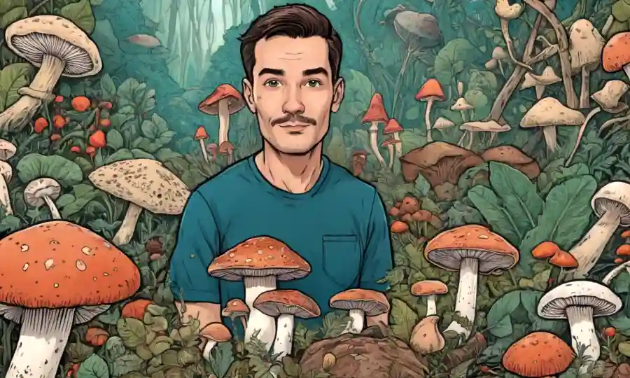 Retrato de una persona con varias especies de hongos, rodeado de gráficos sutiles relacionados con la salud.