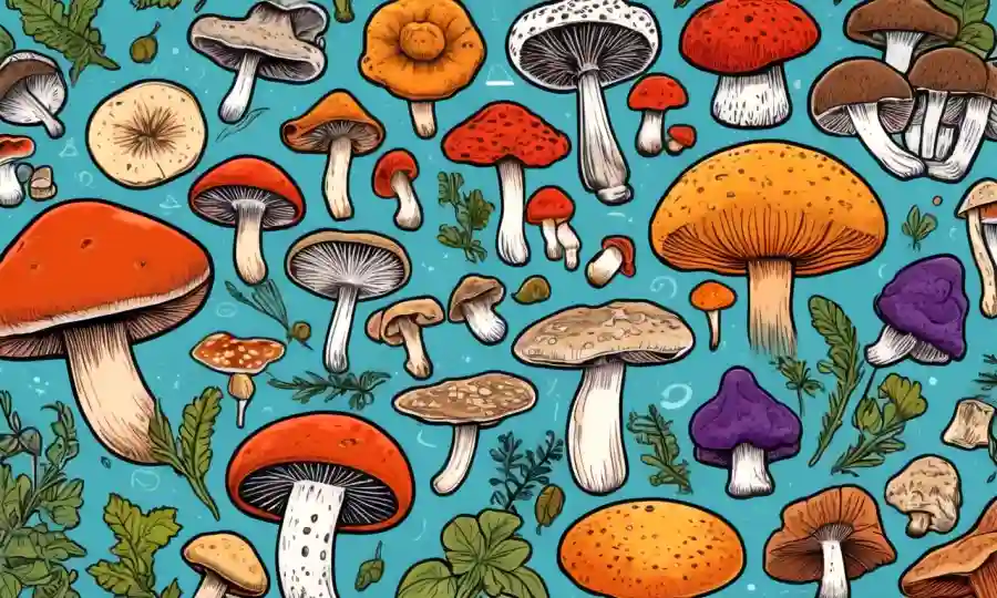 Ilustraciones de diversos hongos rodeados de iconos médicos, destacando los beneficios y ejemplos antibacterianos.