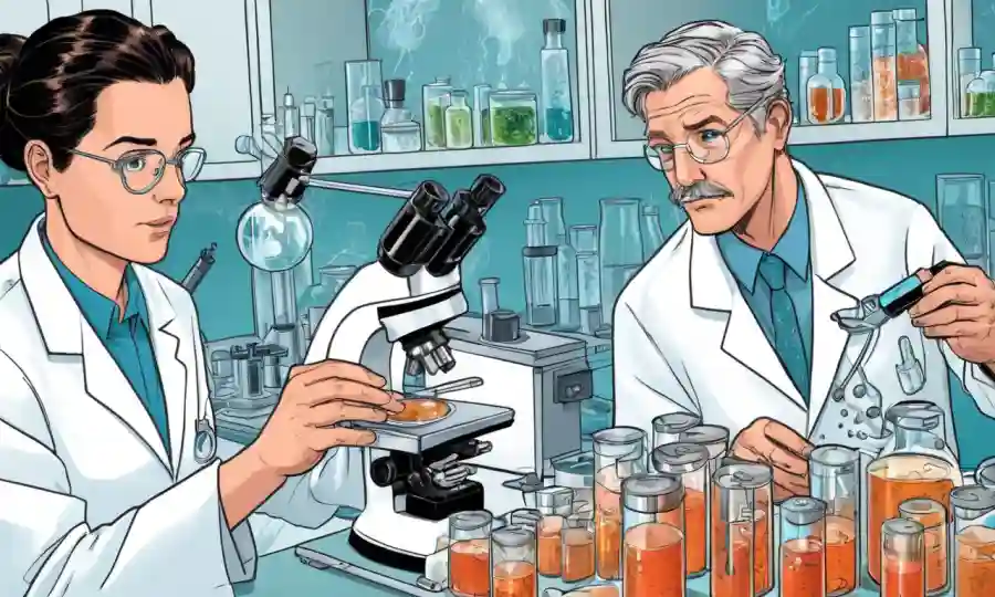 Científicos que estudian propiedades antifúngicas con platos petri y microscopios en el entorno de laboratorio.