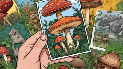 Una persona que sostiene un espécimen de hongos con ilustraciones de diferentes especies en el fondo.