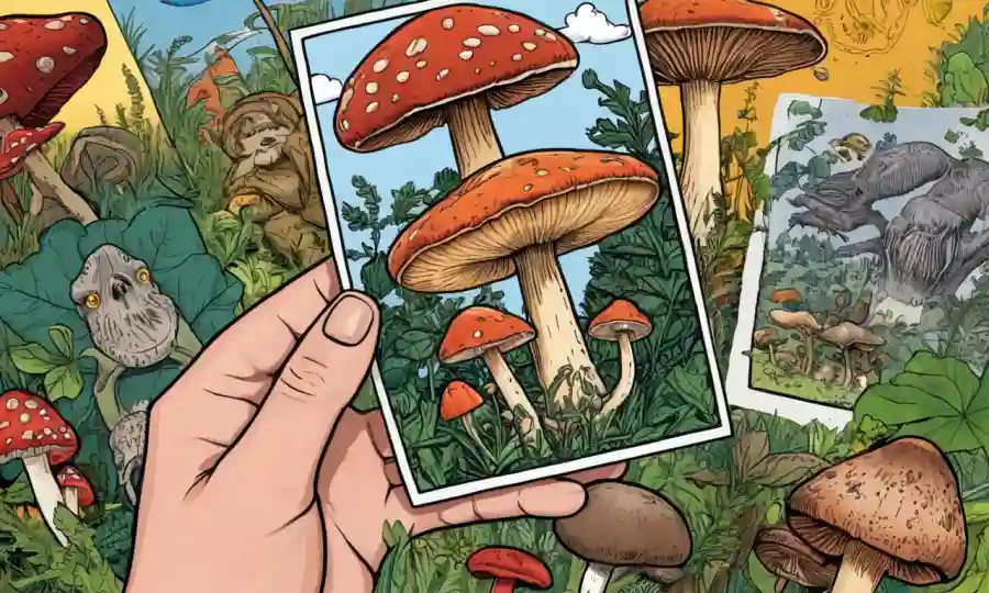 Una persona que sostiene un espécimen de hongos con ilustraciones de diferentes especies en el fondo.