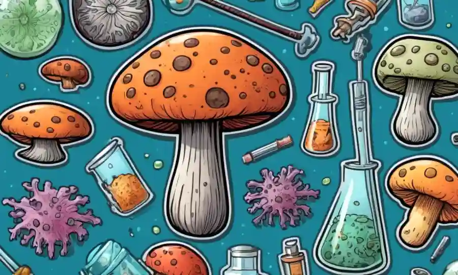 Ilustraciones de hongos microscópicos rodeadas de iconos de equipo de laboratorio.