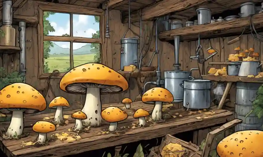 Fungi creciendo en armonía entre el equipo de queso y un ambiente rústico.