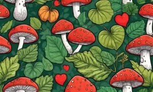 Fungi creciendo cerca de frutas o hojas en forma de corazón