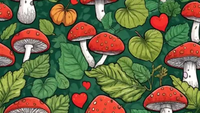 Fungi creciendo cerca de frutas o hojas en forma de corazón