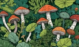 hongos microscópicos y sus diversas formas rodeadas de vegetación.