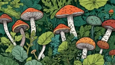 hongos microscópicos y sus diversas formas rodeadas de vegetación.