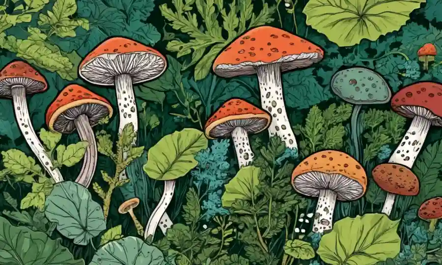 hongos microscópicos y sus diversas formas rodeadas de vegetación.