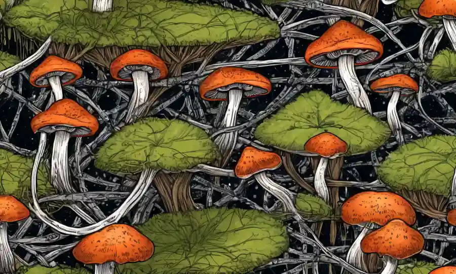 hongos representados como redes entrelazadas en un ecosistema, destacando sus funciones ecológicas.