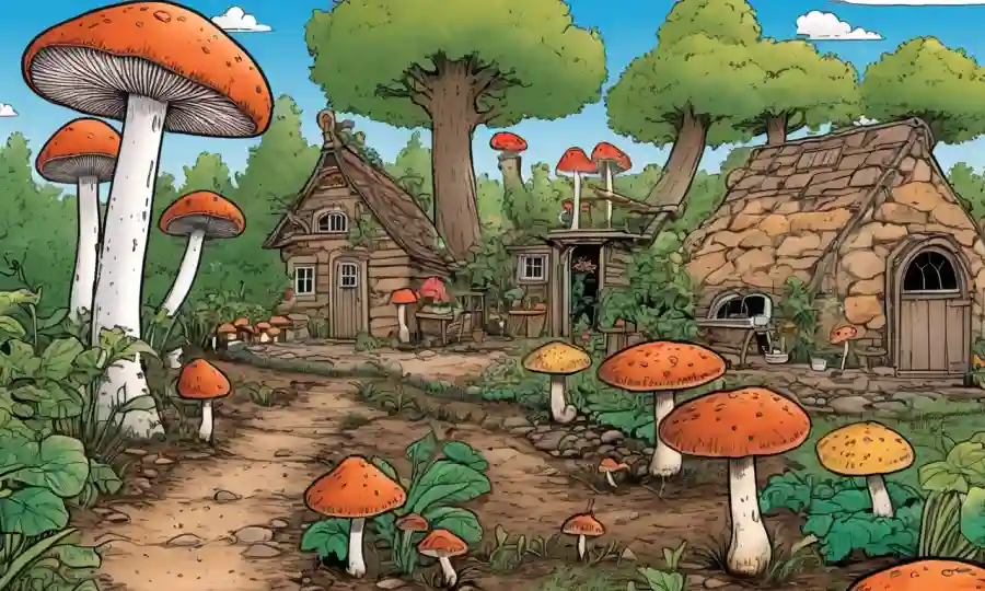 Diversos tipos de hongos e ilustraciones de proceso de composición dentro de un entorno de jardín.