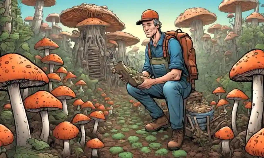 Un agricultor de hongos rodeado de estructuras de cultivo hongos, destacando métodos de composición sostenible para un proceso eficiente.