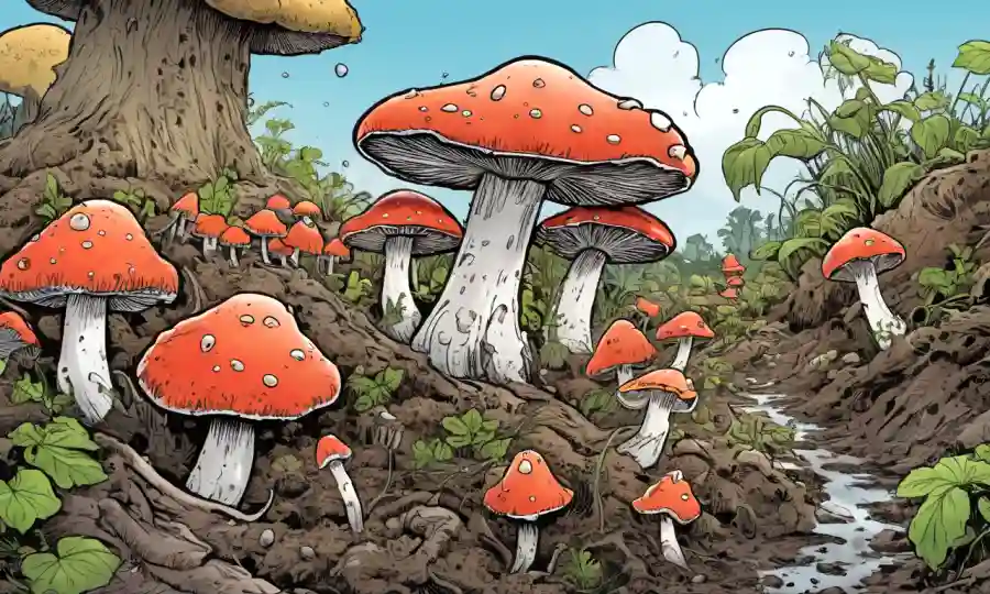 Los hongos crecen en un montón de materia orgánica descompuesta.