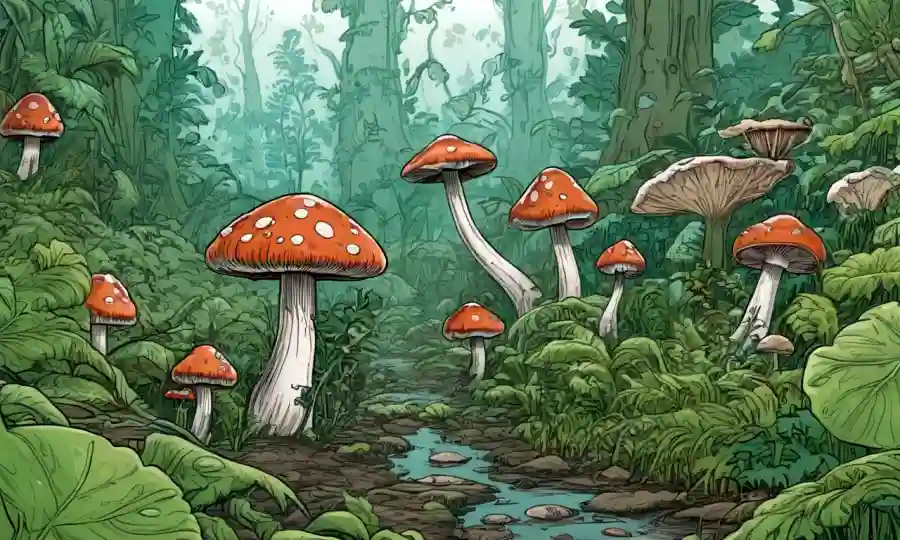 Organismos parecidos a los hongos creciendo en medio de la vegetación en un ambiente contaminado.