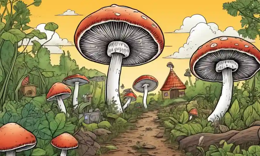 Mushrooms creciendo al aire libre rodeado de productos y diagramas ecológicos.