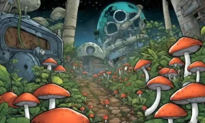 Mushrooms grow amidst a backdrop of recyclable materials and eco-friendly technology.