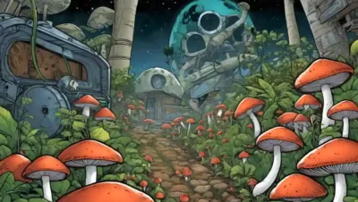 Mushrooms grow amidst a backdrop of recyclable materials and eco-friendly technology.