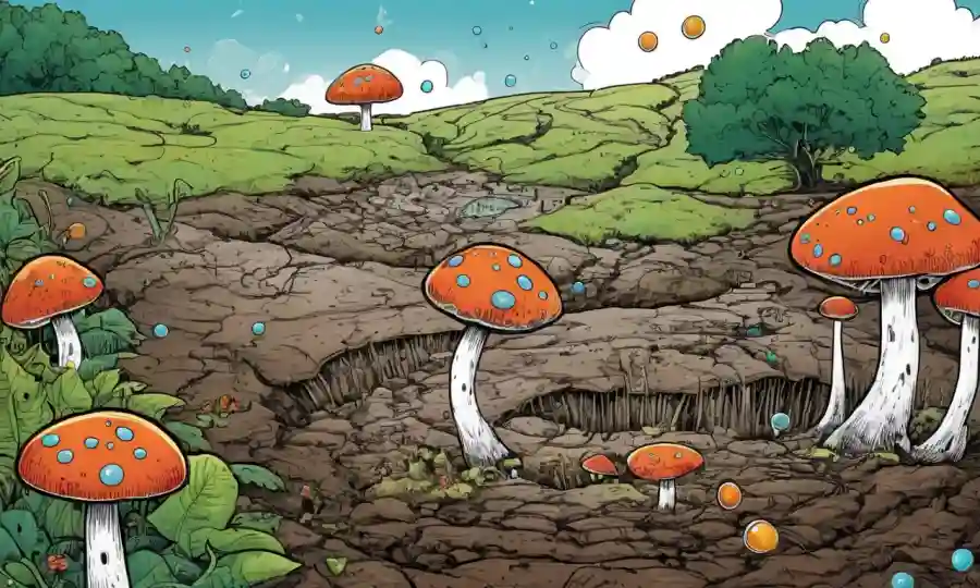 Fungi creciendo en suelo, con burbujas de pensamiento abstracto y escenas de naturaleza alrededor.